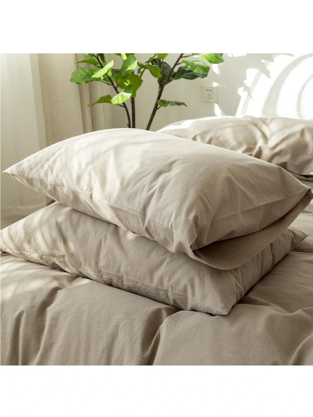 NEW MOOMEE Pillowcase Set of 2 100% Washed Cotton. Linen-Like. Queen. Taupe